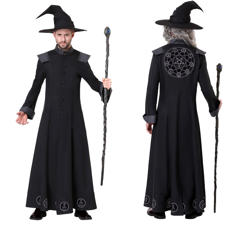 Boys black wizard Halloween costume robe with gray trim, symbol prints and pointed hat - view 6