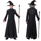 Boys black wizard Halloween costume robe with gray trim, symbol prints and pointed hat - view 6
