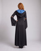 Women's hooded witch costume dress in black with blue star-print panel, lace-up front and bell sleeves - view 3