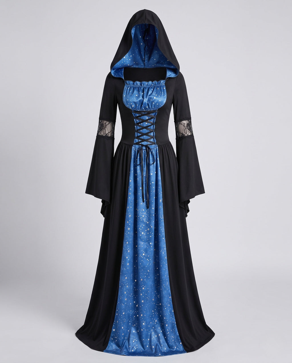 Women's hooded witch costume dress in black with blue star-print panel, lace-up front and bell sleeves - view 4