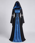Women's hooded witch costume dress in black with blue star-print panel, lace-up front and bell sleeves - view 4