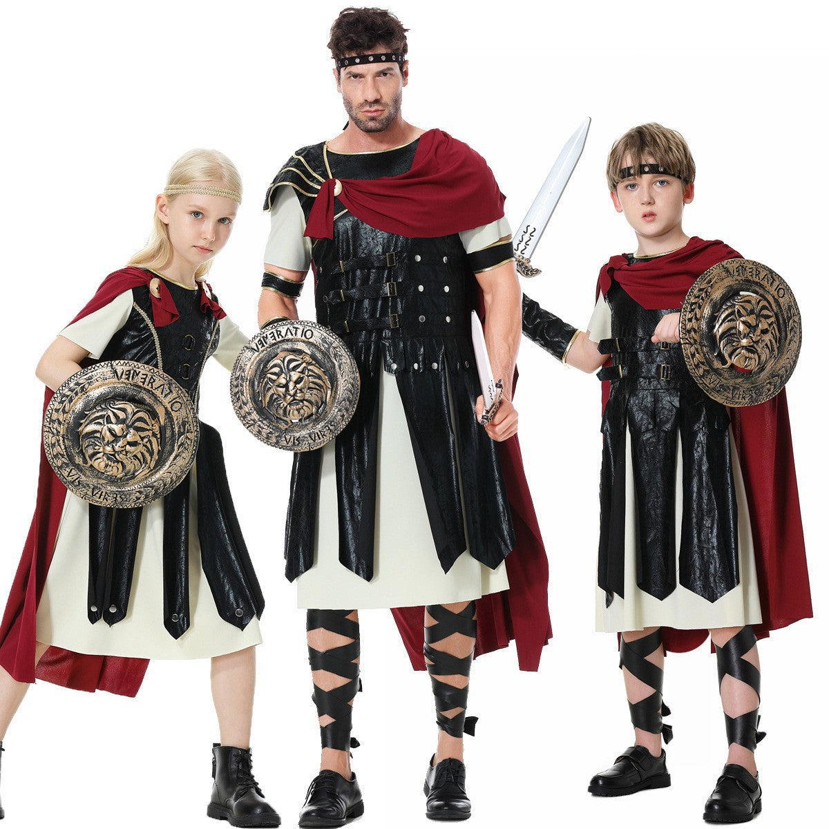 Girls gladiator Halloween costume with black leather-look tunic, cream underdress and red cape - view 2