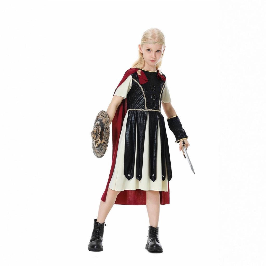 Girls gladiator Halloween costume with black leather-look tunic, cream underdress and red cape - view 3