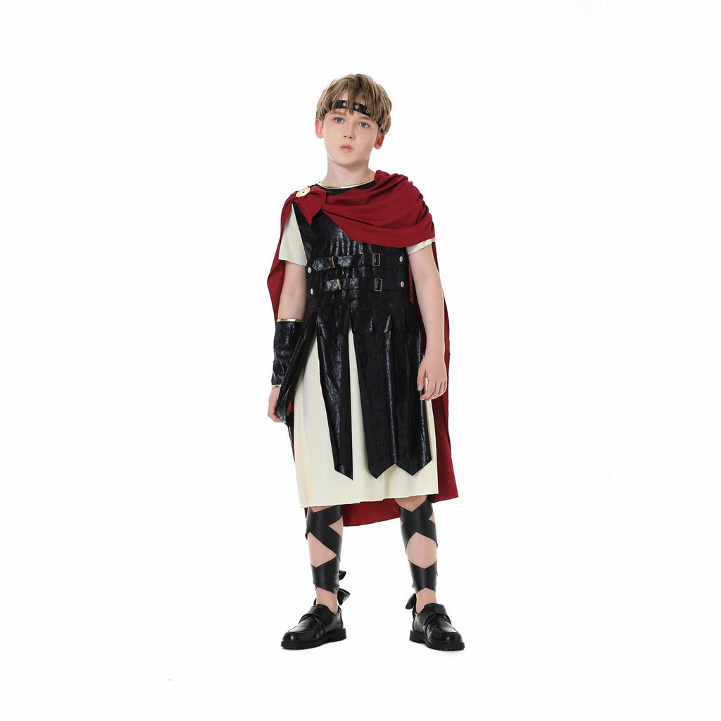 Girls gladiator Halloween costume with black leather-look tunic, cream underdress and red cape - view 4
