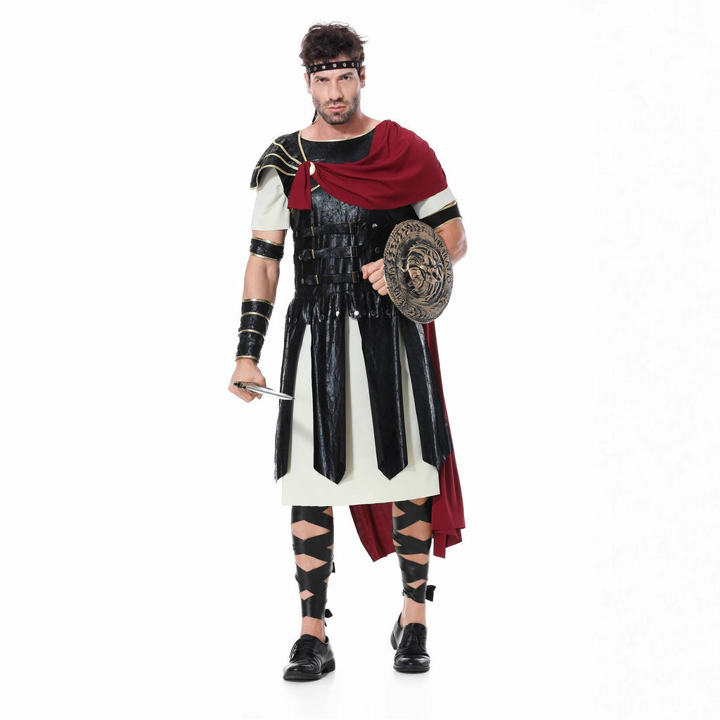 Girls gladiator Halloween costume with black leather-look tunic, cream underdress and red cape - view 5