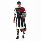 Girls gladiator Halloween costume with black leather-look tunic, cream underdress and red cape - view 5