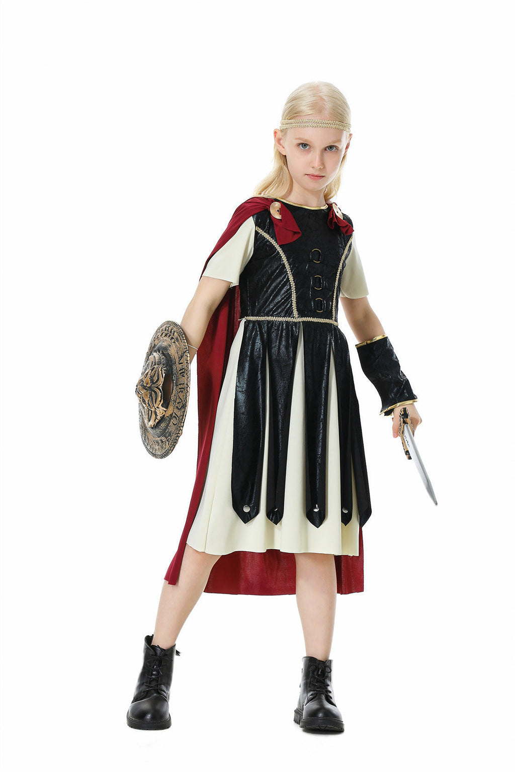 Girls gladiator Halloween costume with black leather-look tunic, cream underdress and red cape - view 6