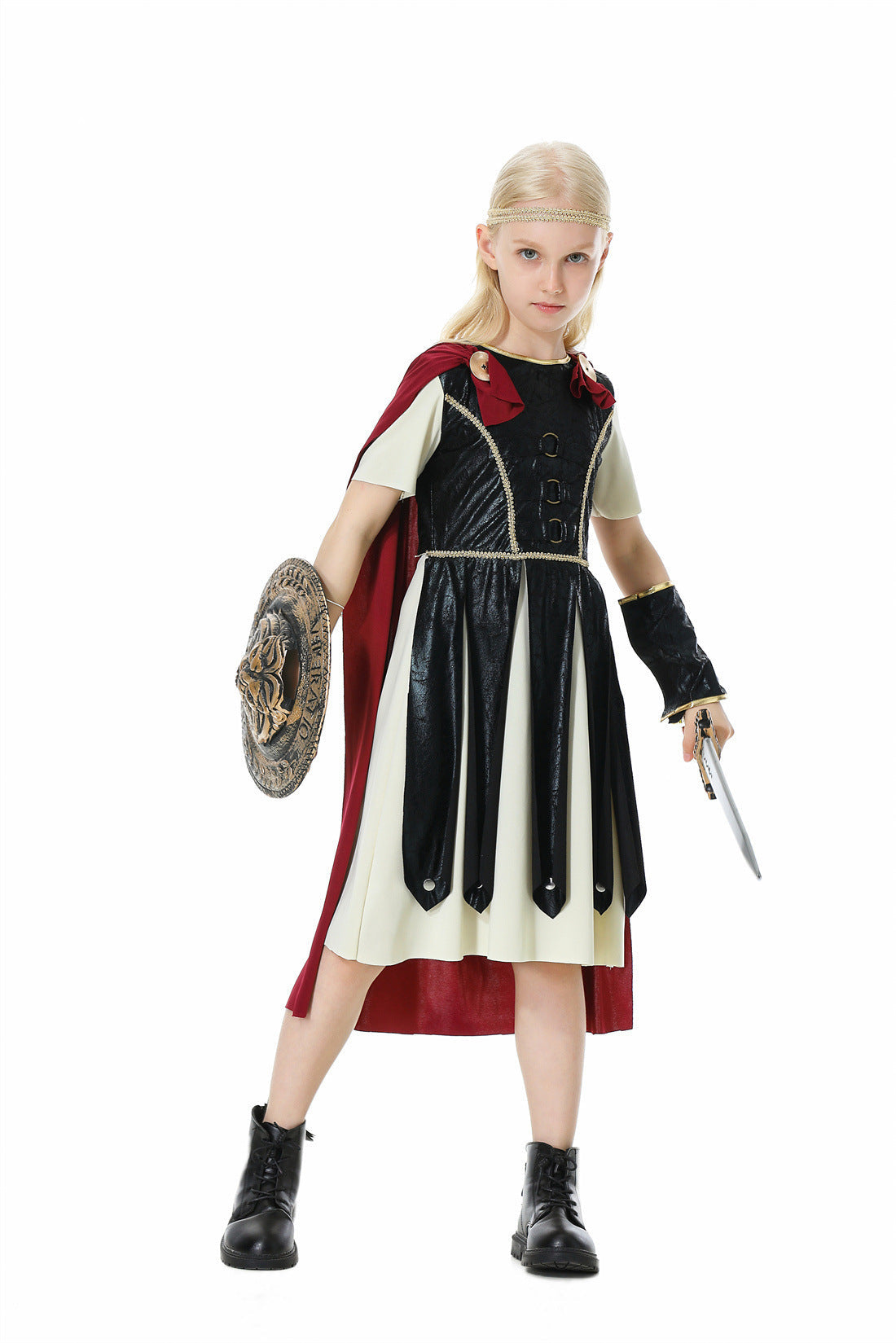 Girls gladiator Halloween costume with black leather-look tunic, cream underdress and red cape - view 6
