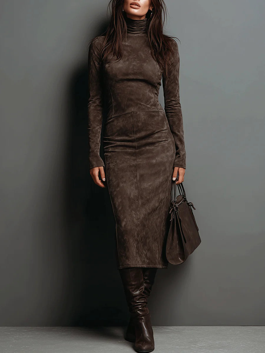 Women's long sleeve faux suede turtleneck midi dress worn with tall boots