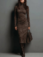 Women's long sleeve faux suede turtleneck midi dress worn with tall boots