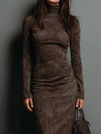 Women's long sleeve faux suede turtleneck midi dress worn with tall boots - view 2