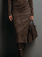 Women's long sleeve faux suede turtleneck midi dress worn with tall boots - view 3