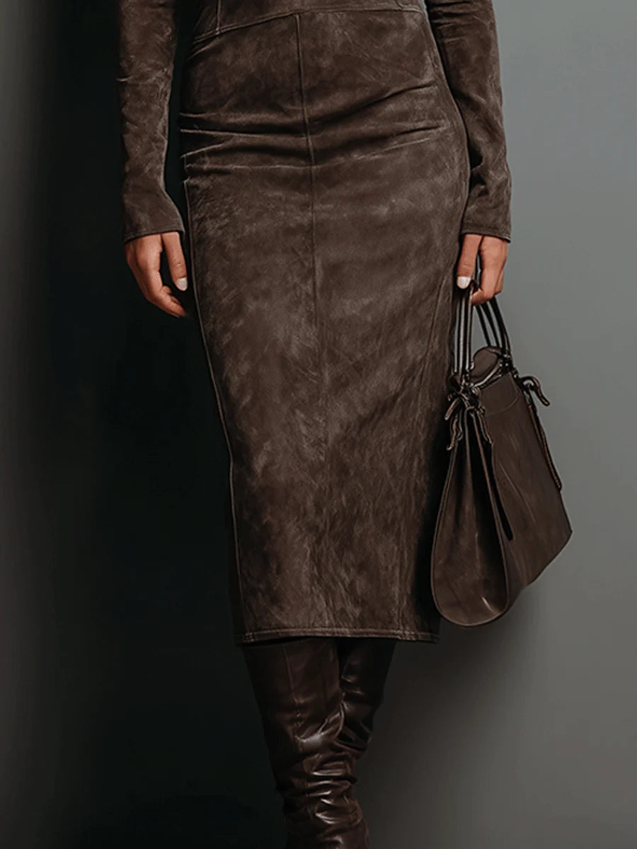 Women's long sleeve faux suede turtleneck midi dress worn with tall boots - view 3