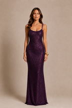Open back purple sequin gala dress with sheer mesh straps - view 2