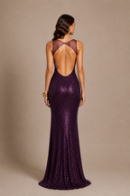 Open back purple sequin gala dress with sheer mesh straps - view 3