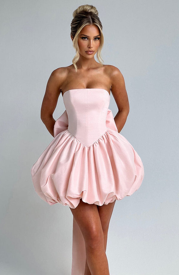 Strapless corset homecoming mini dress with bubble skirt and oversized back bow - view 20