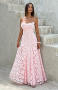 Floral textured maxi dress with draped neckline and lace-up open back