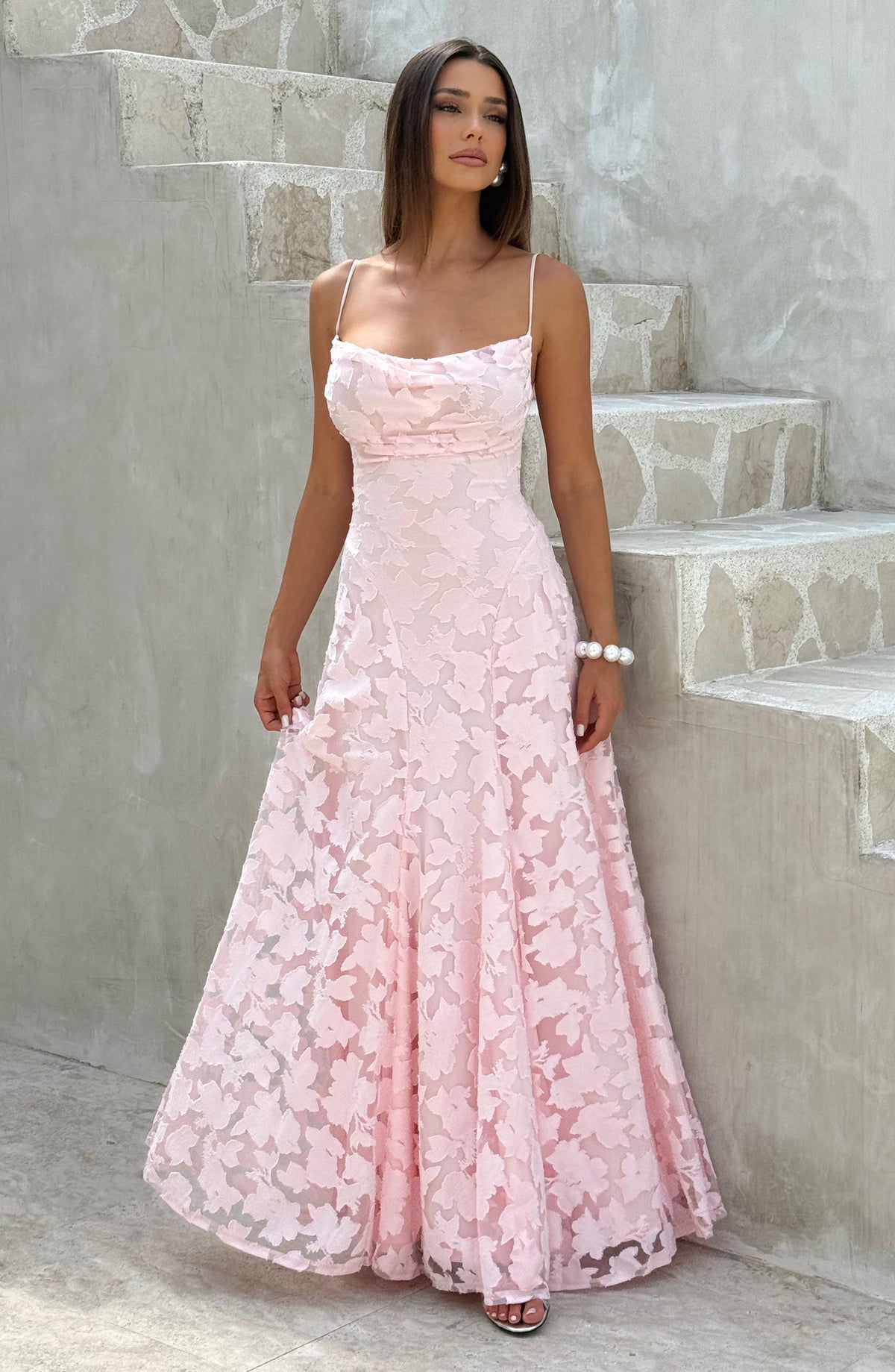 Floral textured maxi dress with draped neckline and lace-up open back