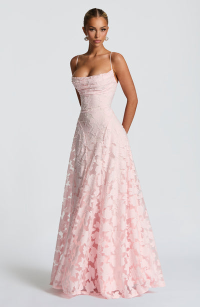 Floral textured maxi dress with draped neckline and lace-up open back - view 10