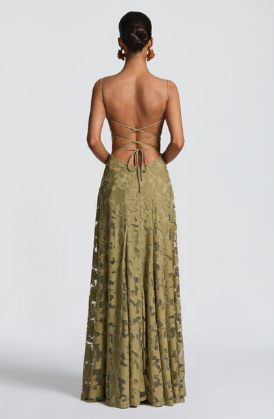 Floral textured maxi dress with draped neckline and lace-up open back - view 11