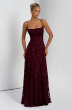 Floral textured maxi dress with draped neckline and lace-up open back - view 12
