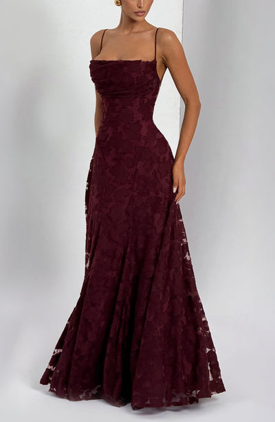 Floral textured maxi dress with draped neckline and lace-up open back - view 13