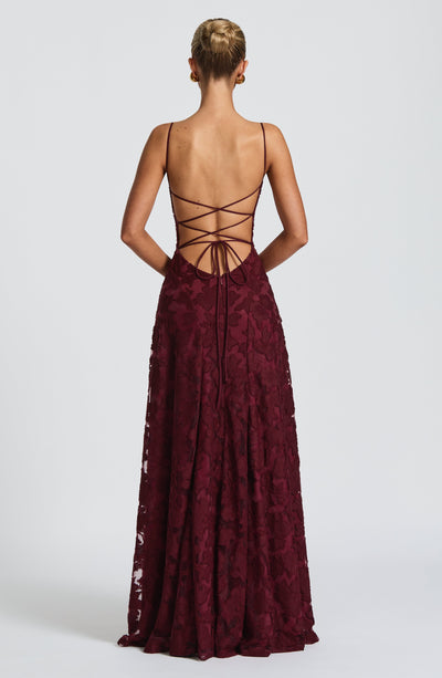 Floral textured maxi dress with draped neckline and lace-up open back - view 15