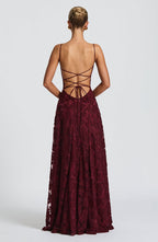 Floral textured maxi dress with draped neckline and lace-up open back - view 15