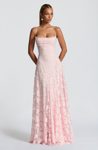 Floral textured maxi dress with draped neckline and lace-up open back - view 16