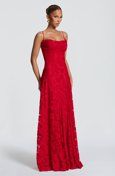 Floral textured maxi dress with draped neckline and lace-up open back - view 17