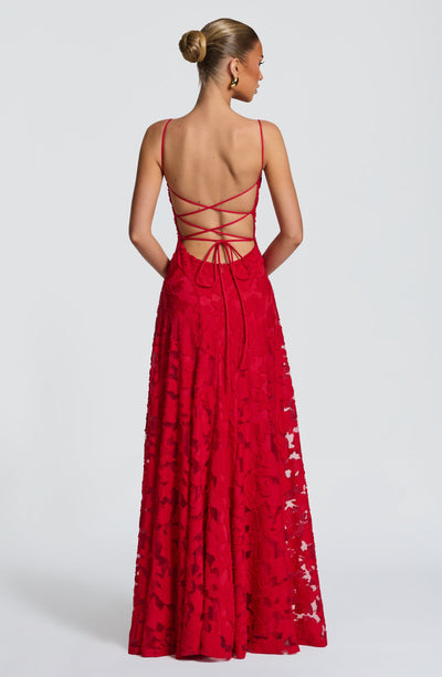 Floral textured maxi dress with draped neckline and lace-up open back - view 18