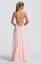 Floral textured maxi dress with draped neckline and lace-up open back - view 2