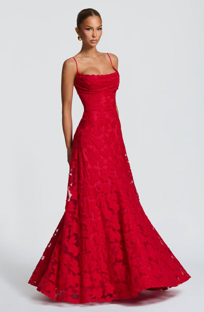 Floral textured maxi dress with draped neckline and lace-up open back - view 22