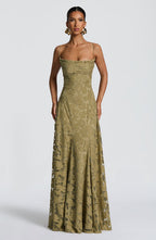 Floral textured maxi dress with draped neckline and lace-up open back - view 23