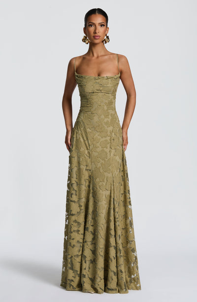 Floral textured maxi dress with draped neckline and lace-up open back - view 23