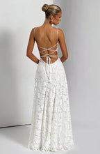 Floral textured maxi dress with draped neckline and lace-up open back - view 24