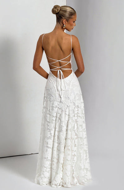 Floral textured maxi dress with draped neckline and lace-up open back - view 24