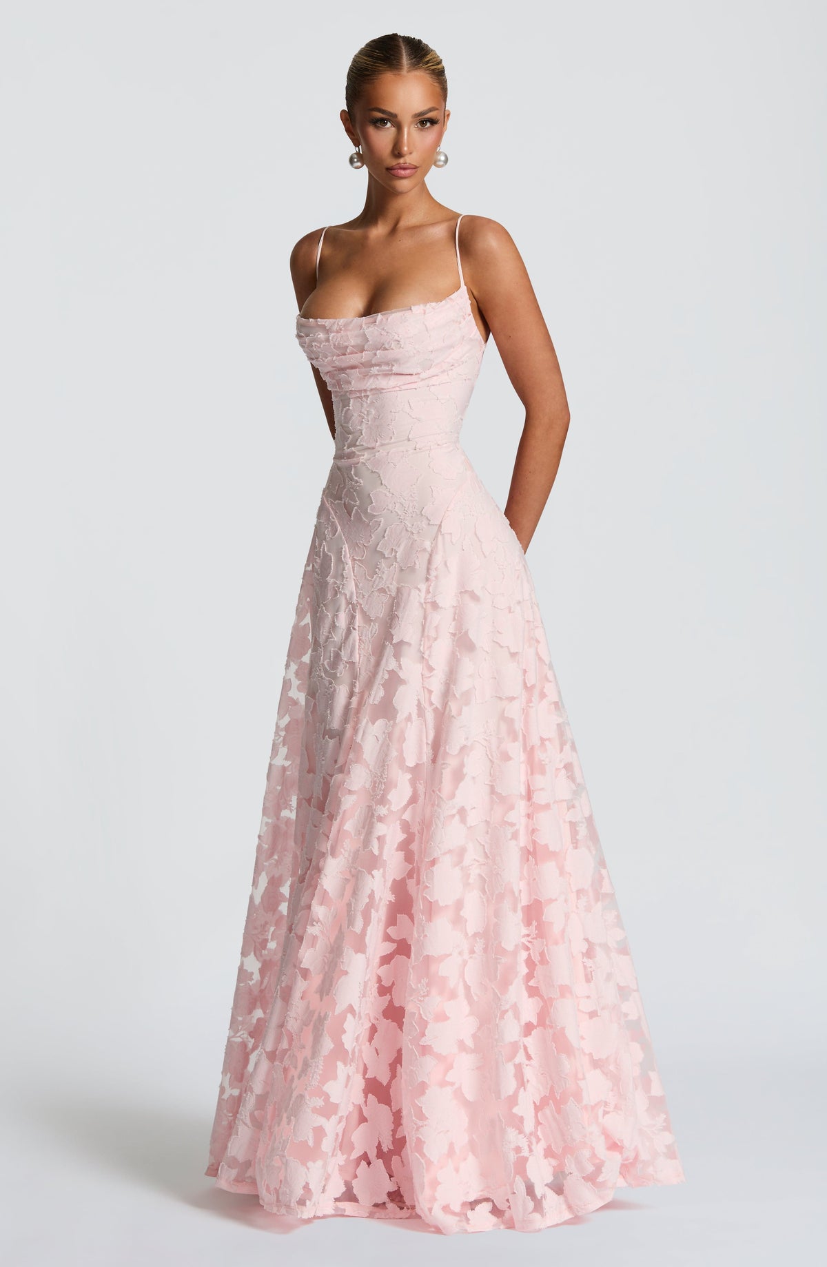 Floral textured maxi dress with draped neckline and lace-up open back - view 3