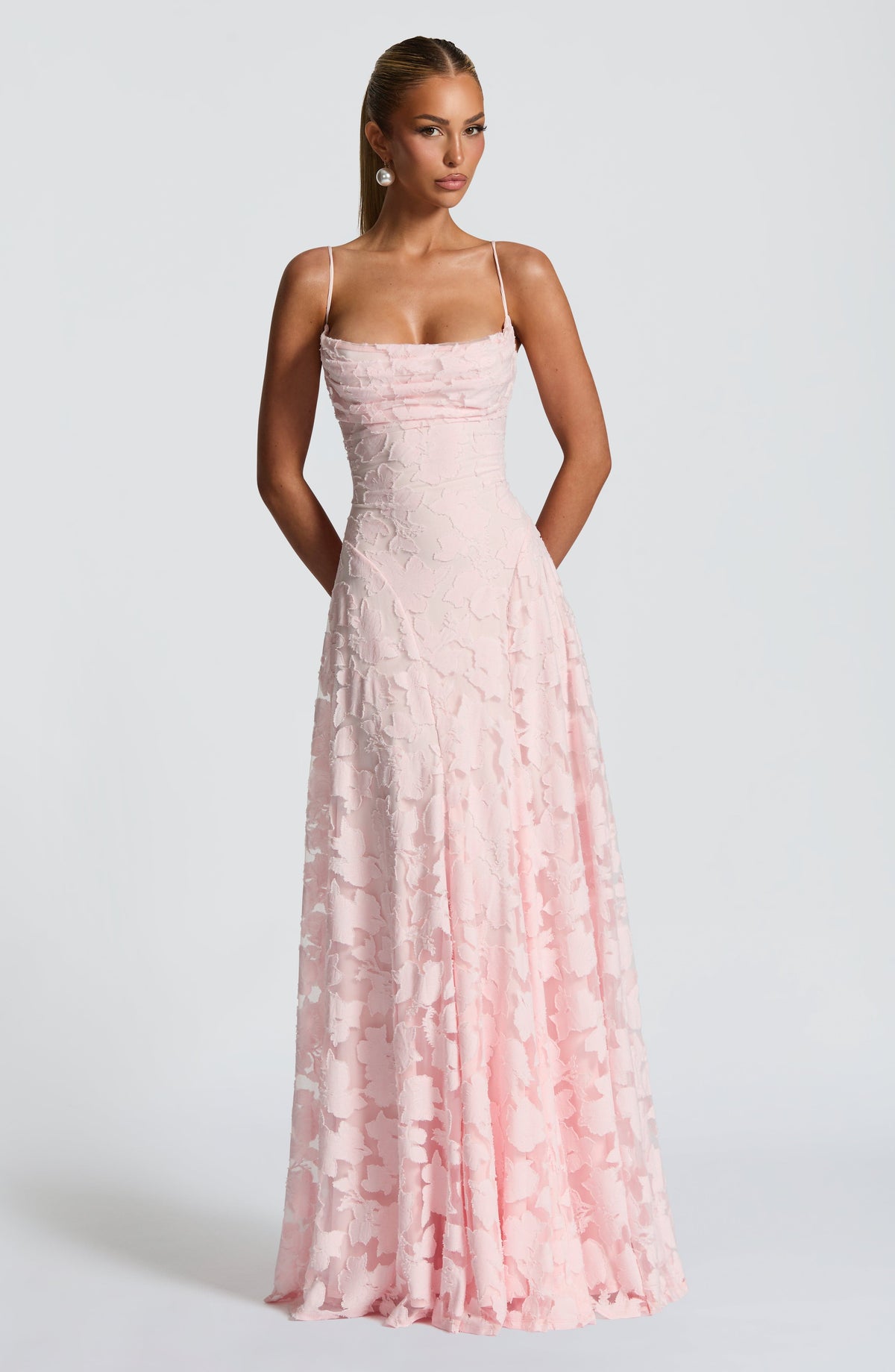 Floral textured maxi dress with draped neckline and lace-up open back - view 4