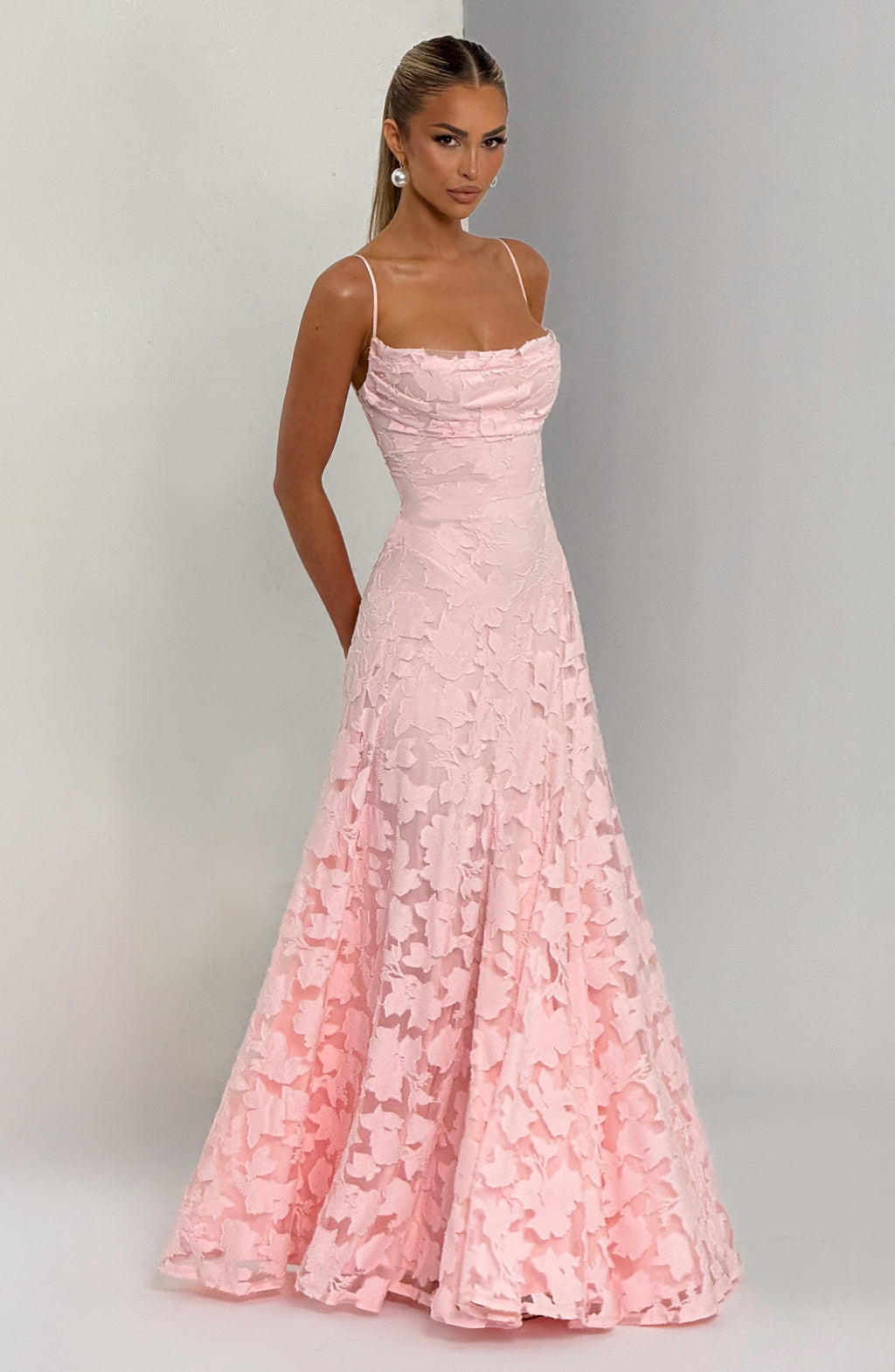 Floral textured maxi dress with draped neckline and lace-up open back - view 5