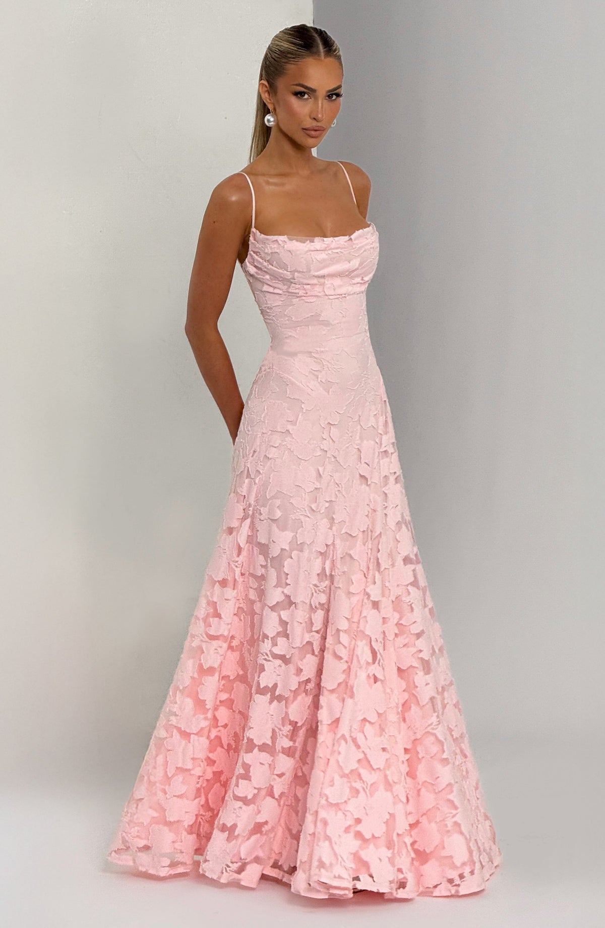 Floral textured maxi dress with draped neckline and lace-up open back - view 5