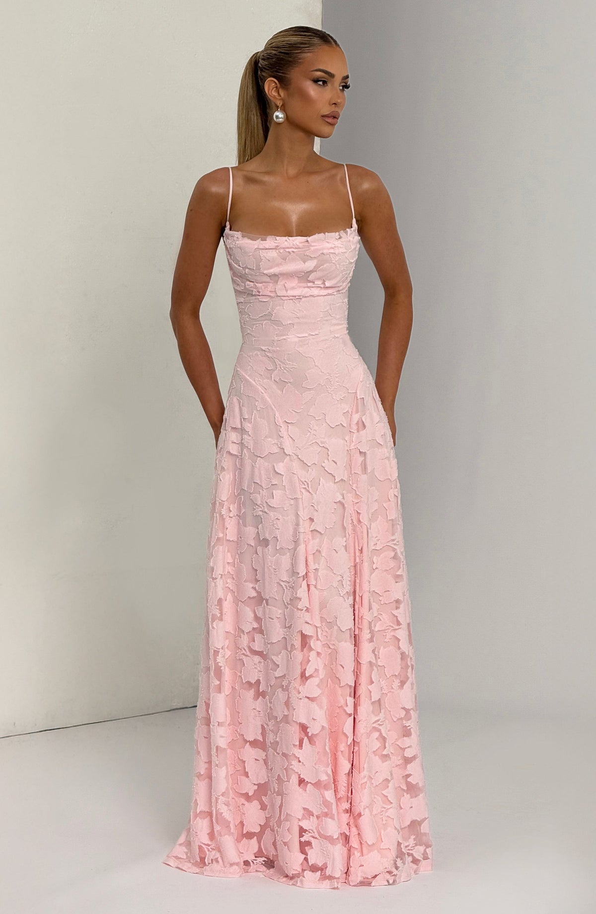 Floral textured maxi dress with draped neckline and lace-up open back - view 6