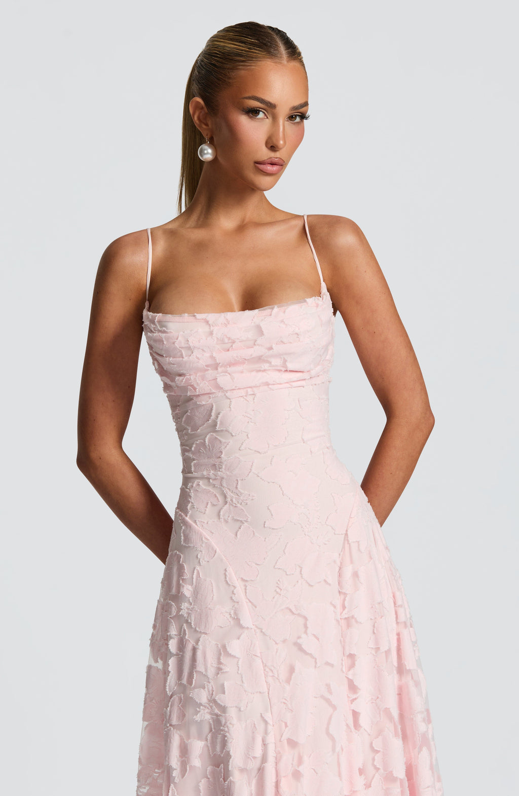Floral textured maxi dress with draped neckline and lace-up open back - view 7