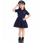 Girl wearing a navy pilot costume dress with gold wing badge and matching pilot cap - view 2