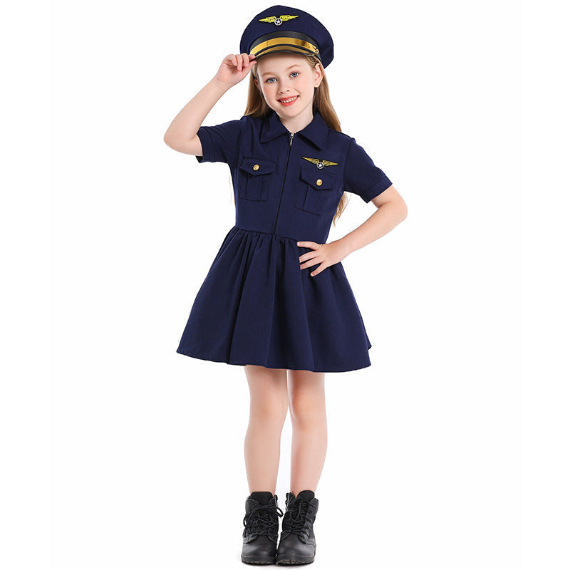 Girl wearing a navy pilot costume dress with gold wing badge and matching pilot cap - view 2