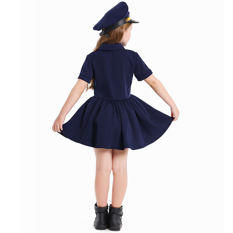 Girl wearing a navy pilot costume dress with gold wing badge and matching pilot cap - view 3
