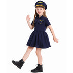 Girl wearing a navy pilot costume dress with gold wing badge and matching pilot cap - view 4