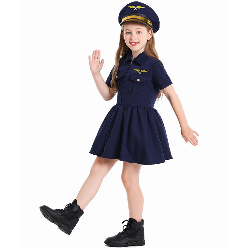 Girl wearing a navy pilot costume dress with gold wing badge and matching pilot cap - view 4