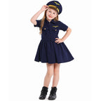 Girl wearing a navy pilot costume dress with gold wing badge and matching pilot cap - view 5
