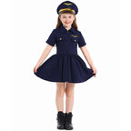 Girl wearing a navy pilot costume dress with gold wing badge and matching pilot cap - view 6